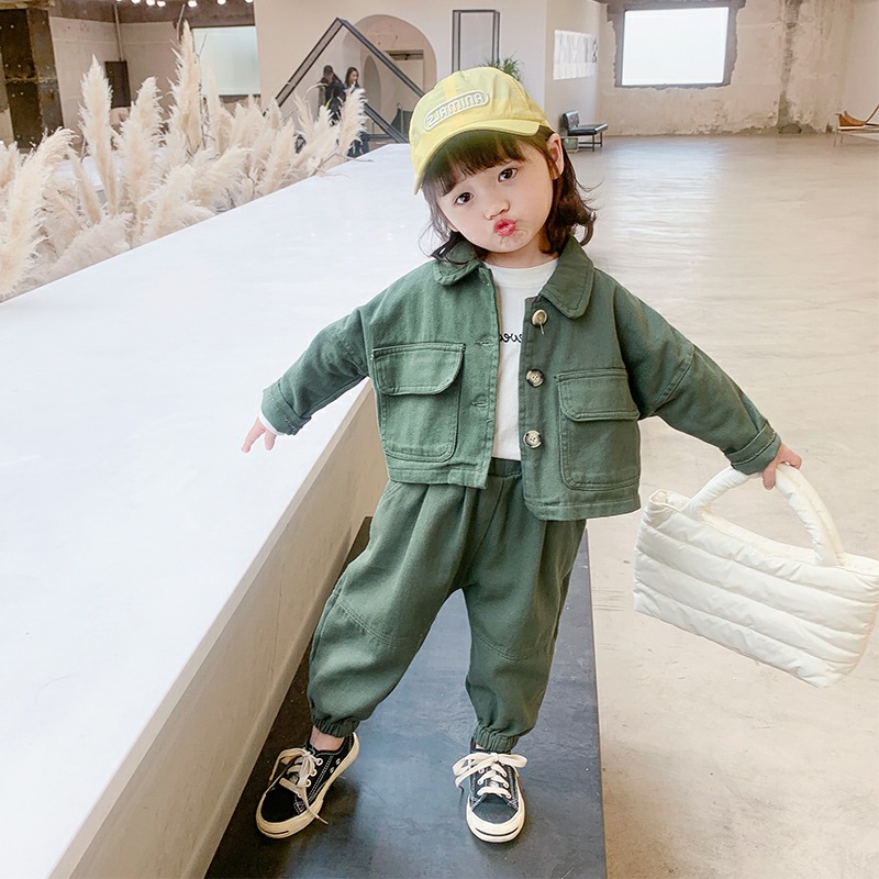 Spring and Autumn Girls' Suit Baby's Western Style Children's Personalized Trendy Brand Korean Style Internet Celebrity Workwear Jacket Jeans Two-Piece Set