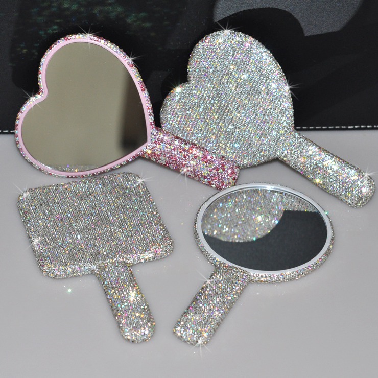 Creative diamond-encrusted portable handle mirror love square makeup mirror Beauty Mirror full Diamond Princess Mirror makeup mirror