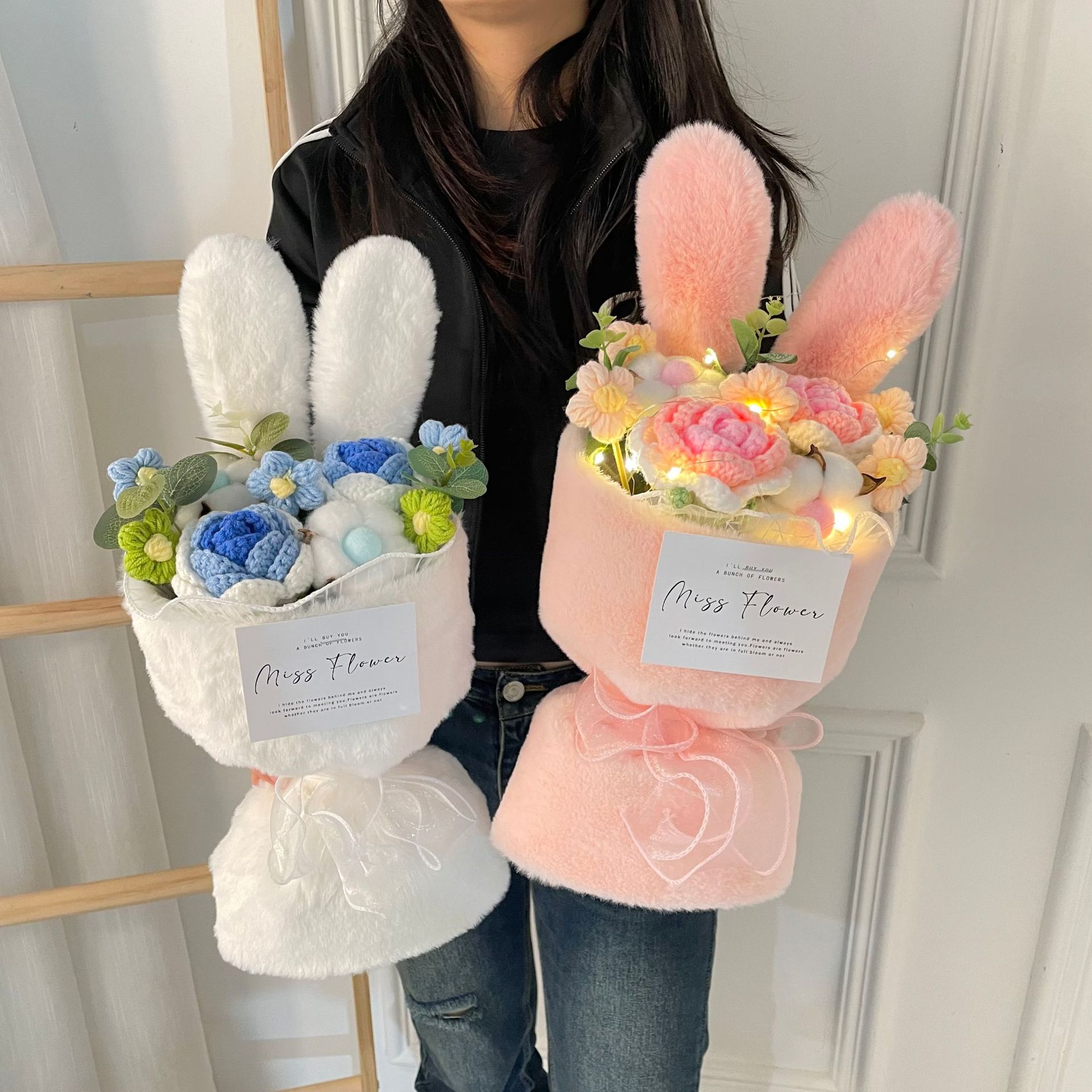 Rabbit ears bouquet Net red knitted flower doll June 1 Children's Day gift bouquet to send his girlfriend a generation
