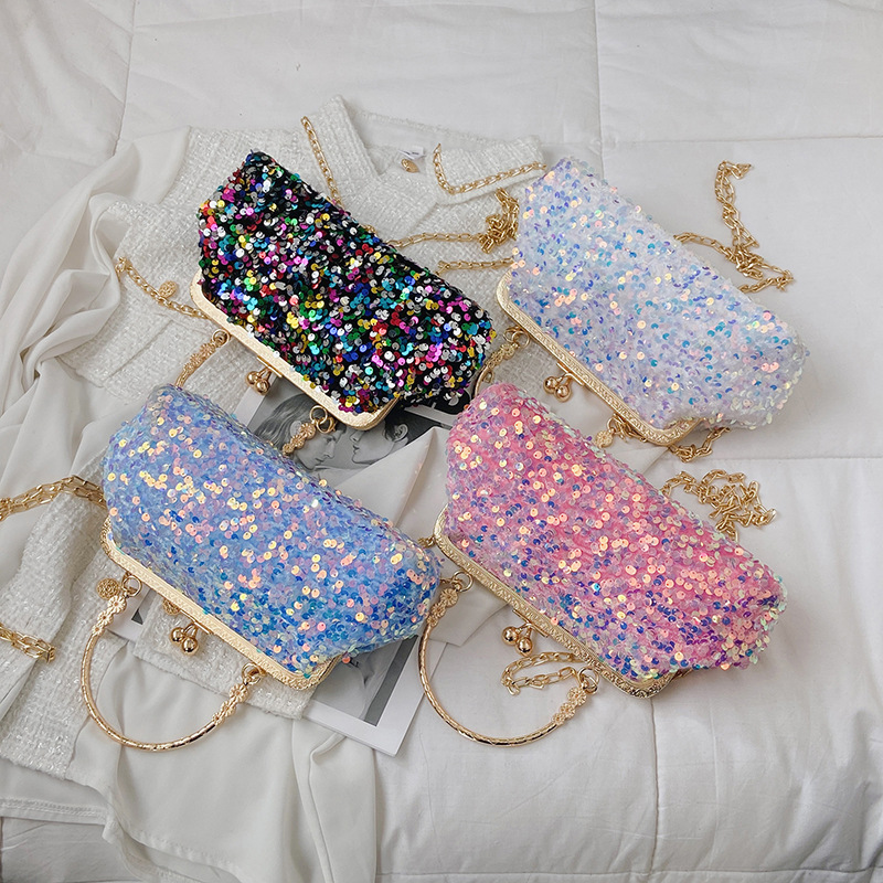 2022 New All-match Metal Handheld Sequin Small Bag Women's Shiny Shoulder Bag Fashionable Texted Crossbody Small Square Bag