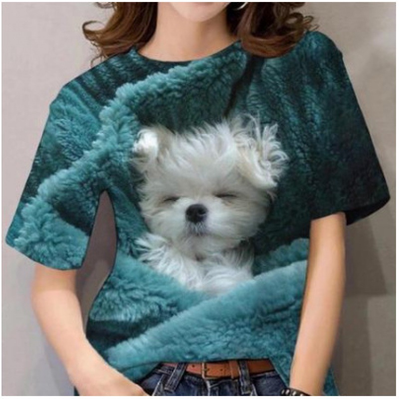 2024 Amazon Independent Station Women's Short-sleeved T-shirt Cute Cat 3D Print European and American Foreign Trade Women's Wear Straight Hair