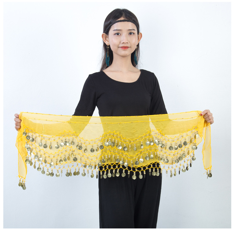 Belly dance waist chain practice hip towel dance clothing Festival performance waist towel chiffon waist chain gold coin silver coin