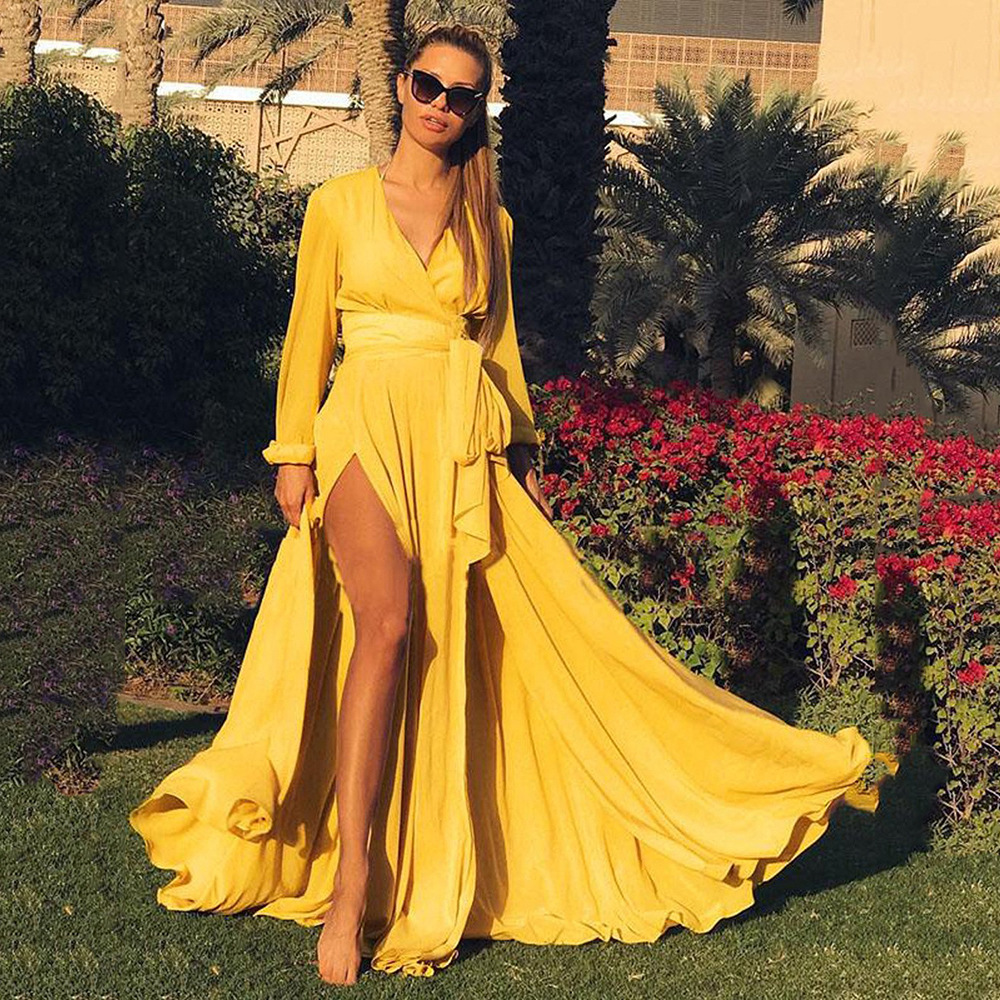 2024 cross-border new European and American women's deep V-neck stitching slit large swing dress solid color fashion yellow dress