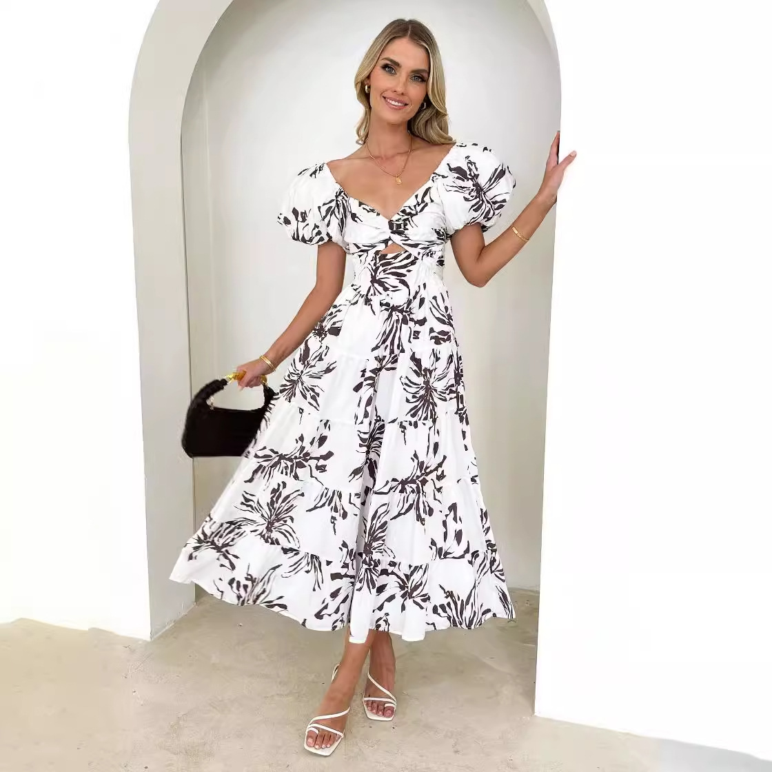 Cross-border Europe and the United States 2024 Spring and Summer New Amazon Elegant Slim-fit Printed Puff Sleeve High-end dress Women