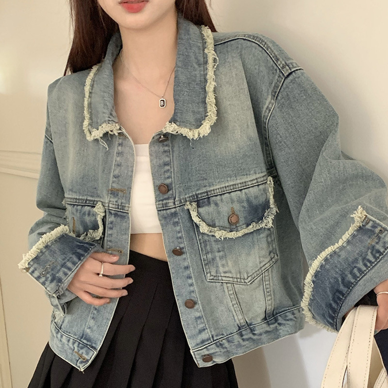 Spring and Autumn Xiaoxiang wind hair fringe Denim coat women's design sense niche short loose casual age-reducing jacket top