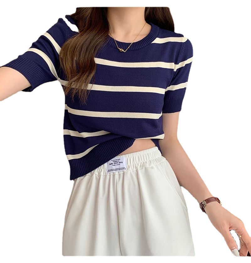 Round neck t-shirt striped summer new contrast color short ice silk retro temperament high waist Internet celebrity super hot short-sleeved top