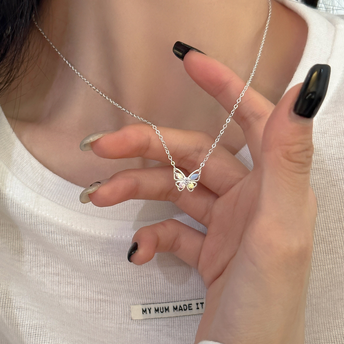 925純銀蝴蝶項鍊女森系甜美幻彩鋯石鎖骨鏈精緻高級感氣質配飾新