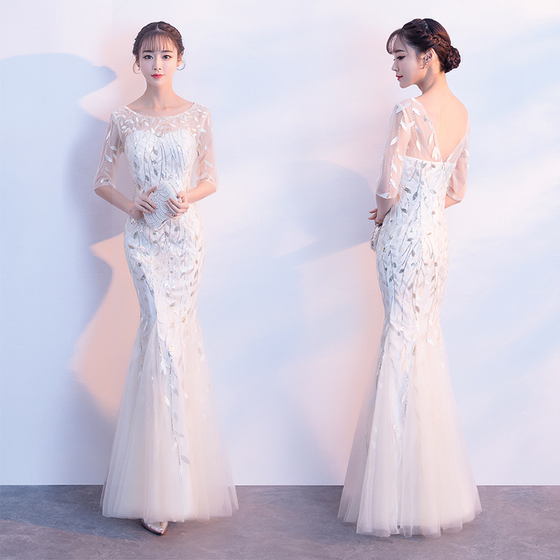 Evening Dress Women's 2024 New Style Champagne Color Banquet Noble Elegant Host Long Fishtail Party Long Dress Slim-fit