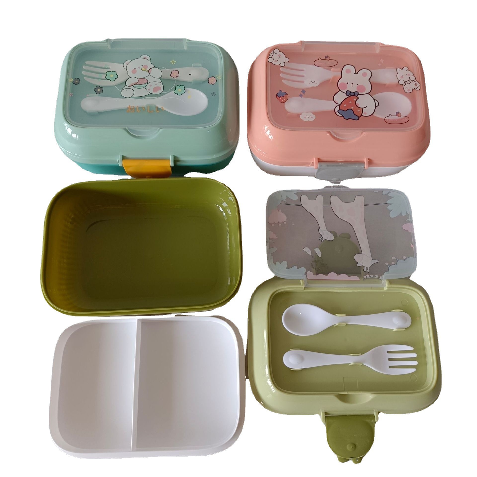 Children's PP cartoon lunch box compartment lunch box student lunch box double-layer cute office worker lunch box suit tableware
