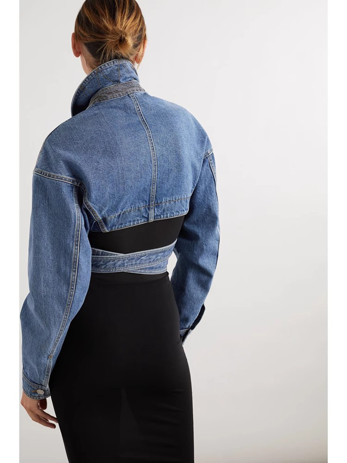 Niche design top coat 2024 spring cross cardigan hollow-out waist lace-up short women's Denim jacket