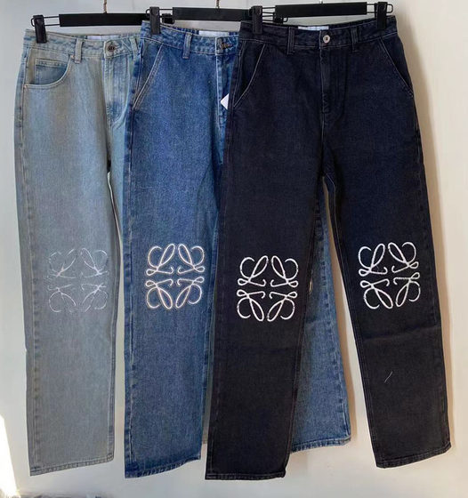 Autumn and winter new LOE with high waist Hollow Patch embroidered LOGO decoration casual dark blue straight tube denim pants