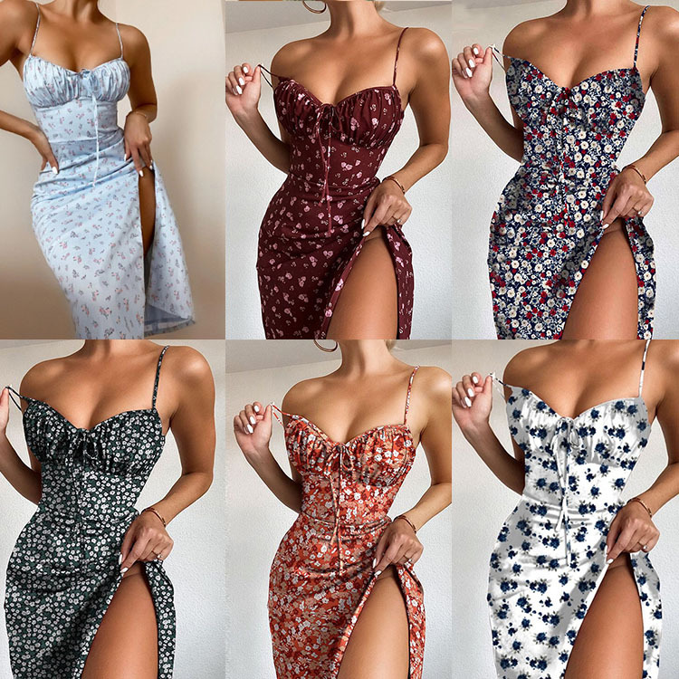 Spring 2025 INS Europe and America Amazon New Women's Sexy Fashion Printing Lace-up Split Sling dress