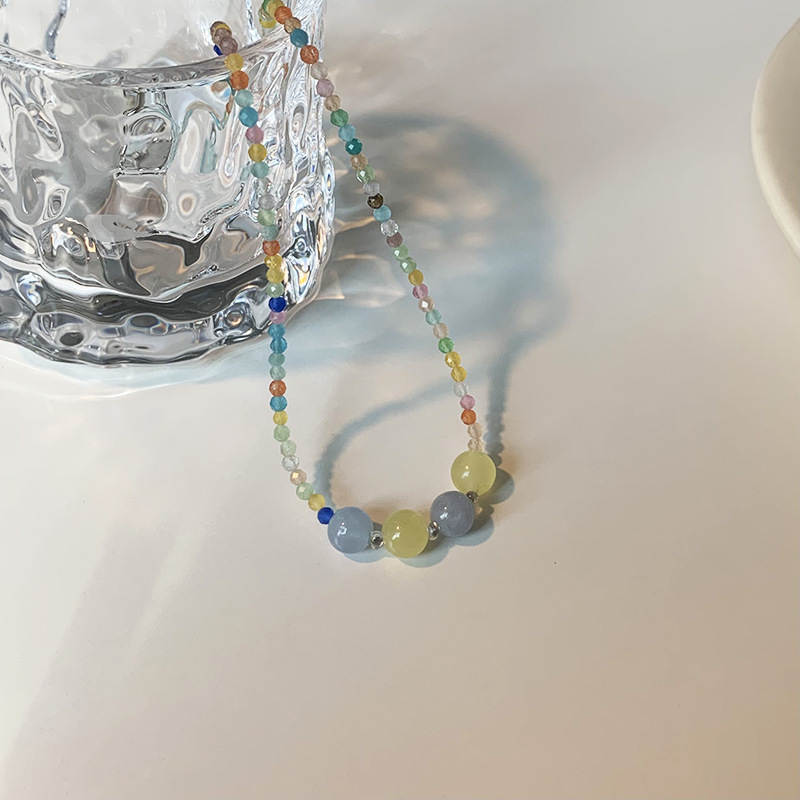 Rainbow Candy Summer Beaded Clavicle Chain Niche Design Girl Necklace Cat's Eye Natural Stone Beads Neck Chain for Women