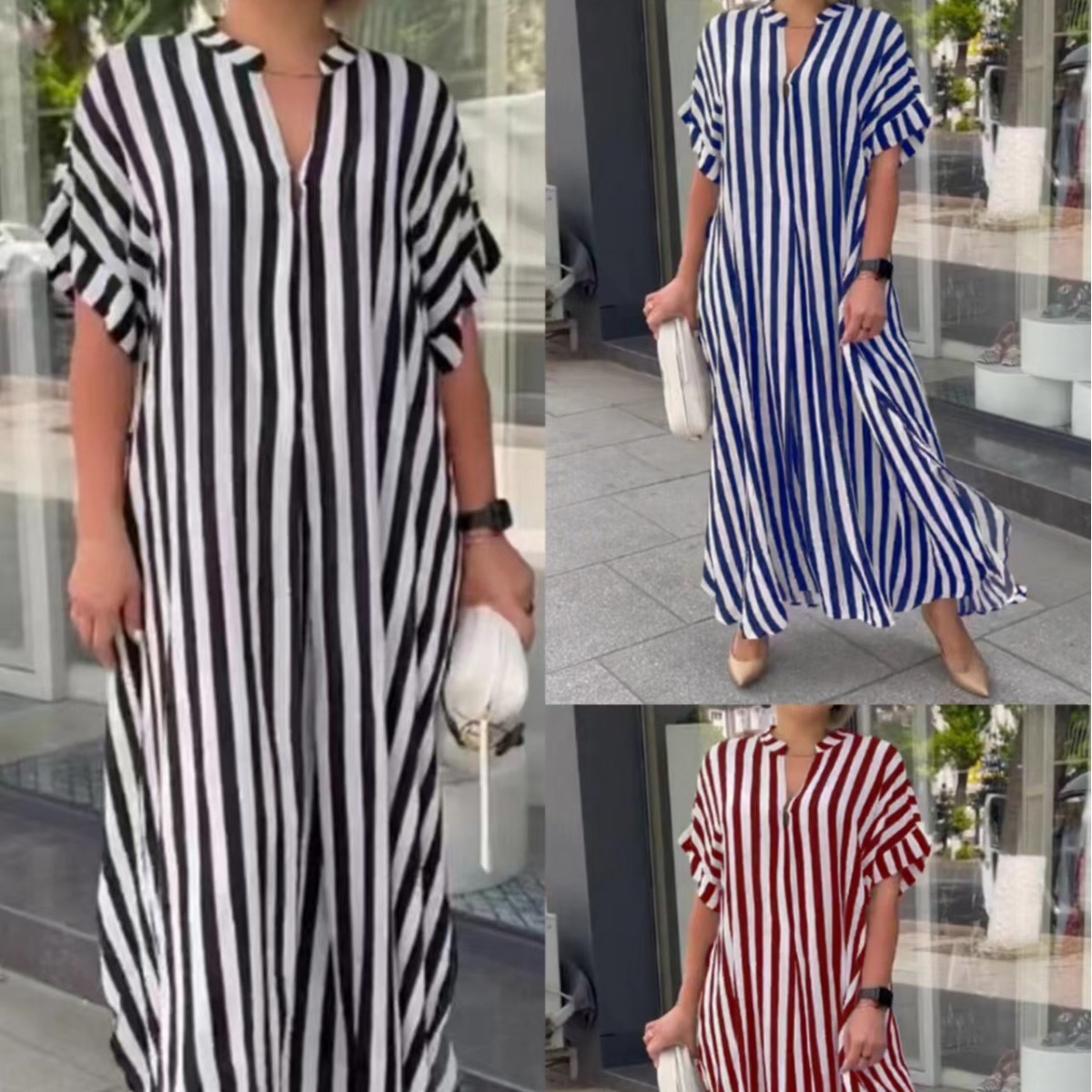 2022 European and American Women's AliExpress Independent Station Fashion Side Split Striped Cardigan Short Sleeve Dress W2865