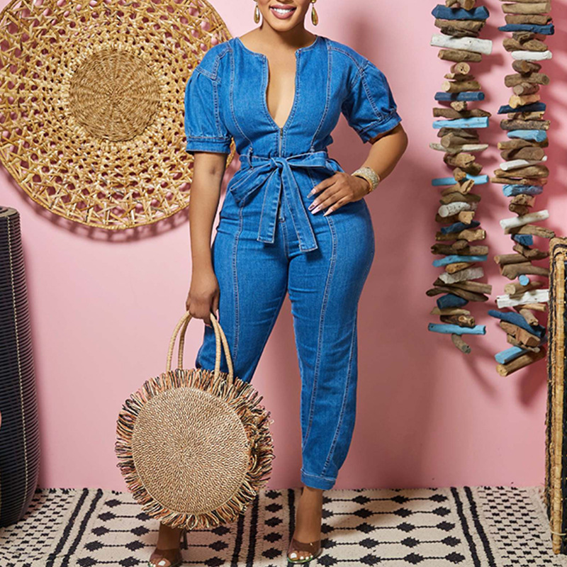Amazon eBay hot-selling jumpsuit women's European and American new sexy fashion temperament blue washed cross-border jumpsuit