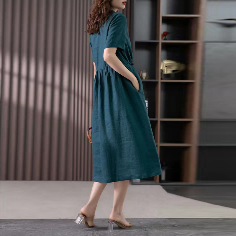 2023 Summer New Artistic Loose Stitching Solid Color Cotton and Linen Lap Short-sleeved Dress Women's Mid-length #6536