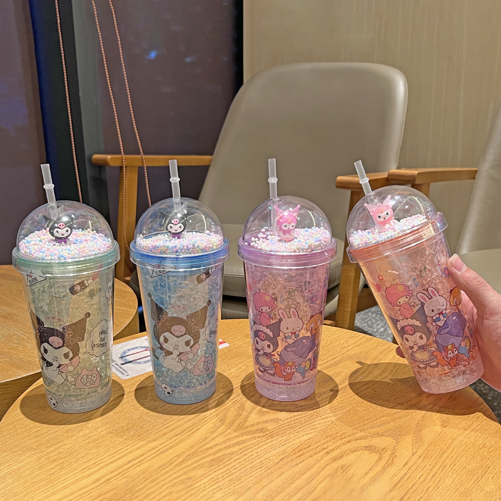 Cross-border new high-value summer net red kulomi cartoon plastic water cup straw water cup double-layer crushed ice cup