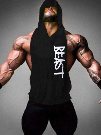 European and American Fitness Sports Hooded Vest Cotton European Size Sweat Pocket Hooded Letter Printed Hooded Sleeveless Sweater
