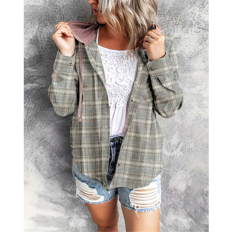 Cross-border European and American Foreign Trade women's clothing 2023 Amazon autumn and winter New hooded sweater breasted casual shirt jacket