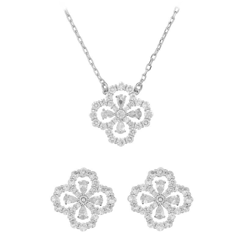 Ultra Flash Zircon Inlaid Niche Design Sense Earrings Trendy Flower Earrings Necklace Clavicle Chain Lucky Grass Jewelry Set