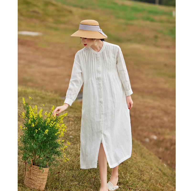 Japanese Pleated Design Linen Long Sleeve Shirt Dress