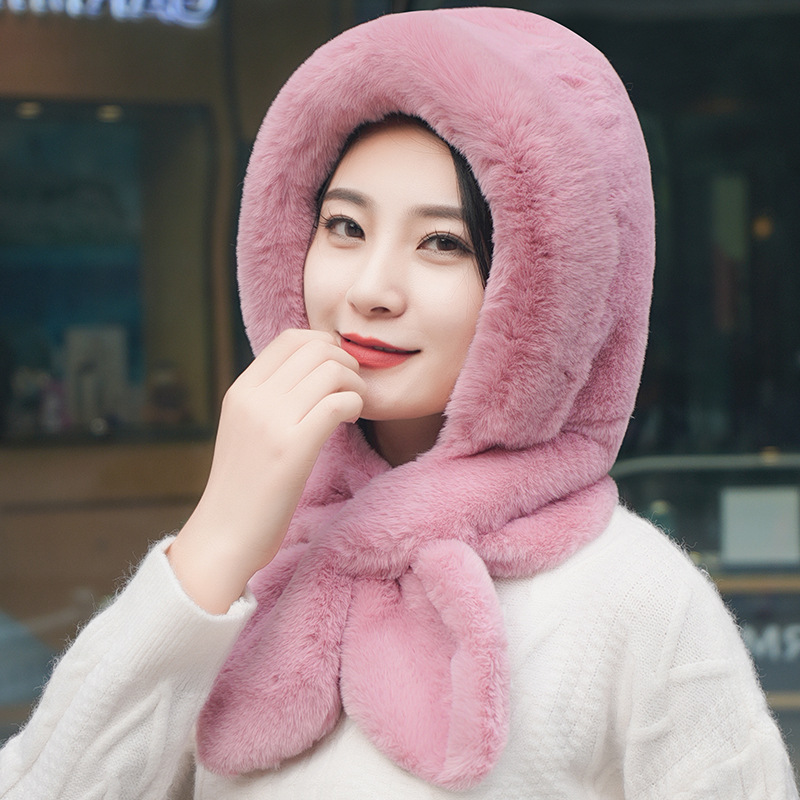 Hat and Scarf New Women's Winter Imitation Rabbit Fur Plus Velvet Thickened Toe Ear Protecting Riding Hat Warm Neck Protecting Scarf