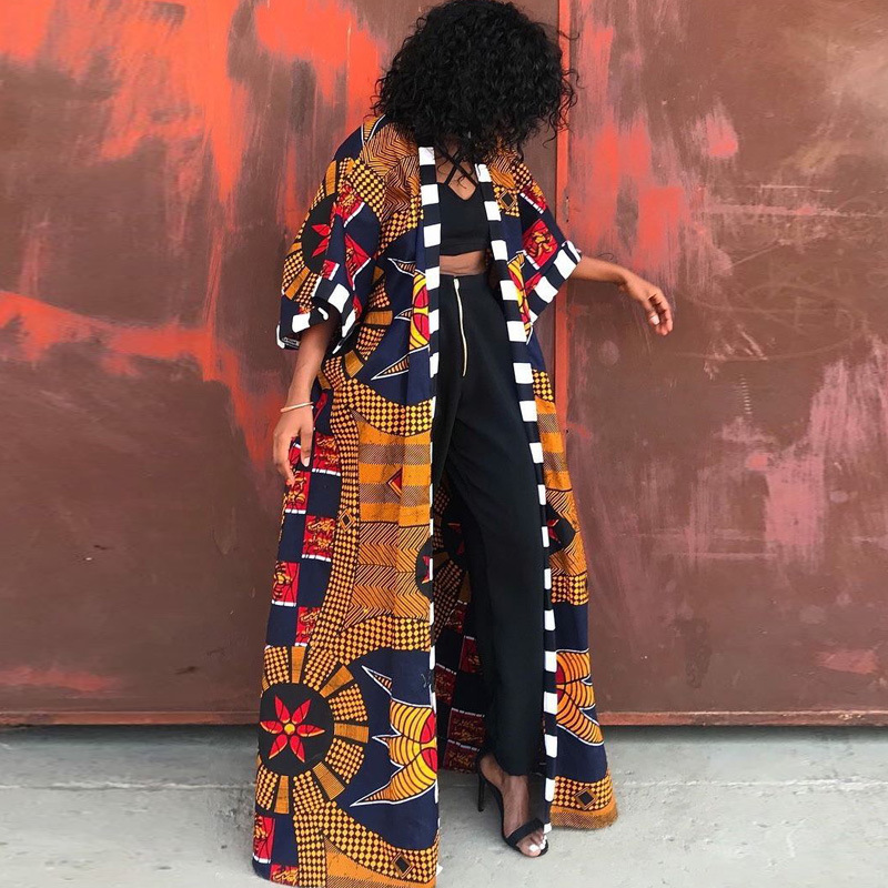 LG001 African Ethnic Style Women's Coat Long Printed Kimono Foreign Trade Source Cross-border 2024 New Coat_voghion.com