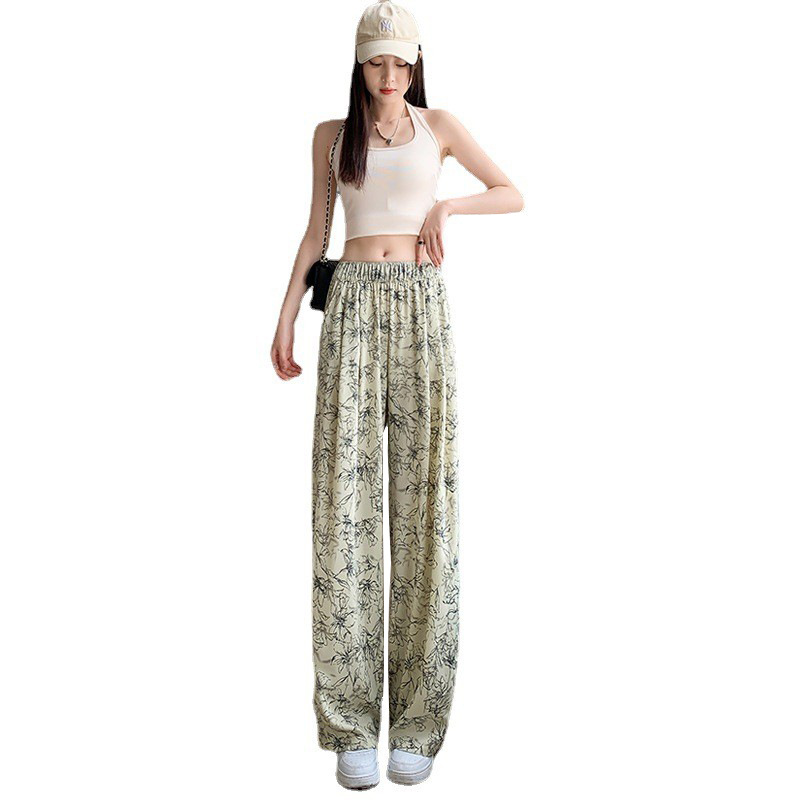 Ink tie-dyed wide-leg pants for women Summer thin high waist loose slimming draping mop lazy casual ice silk pants for women
