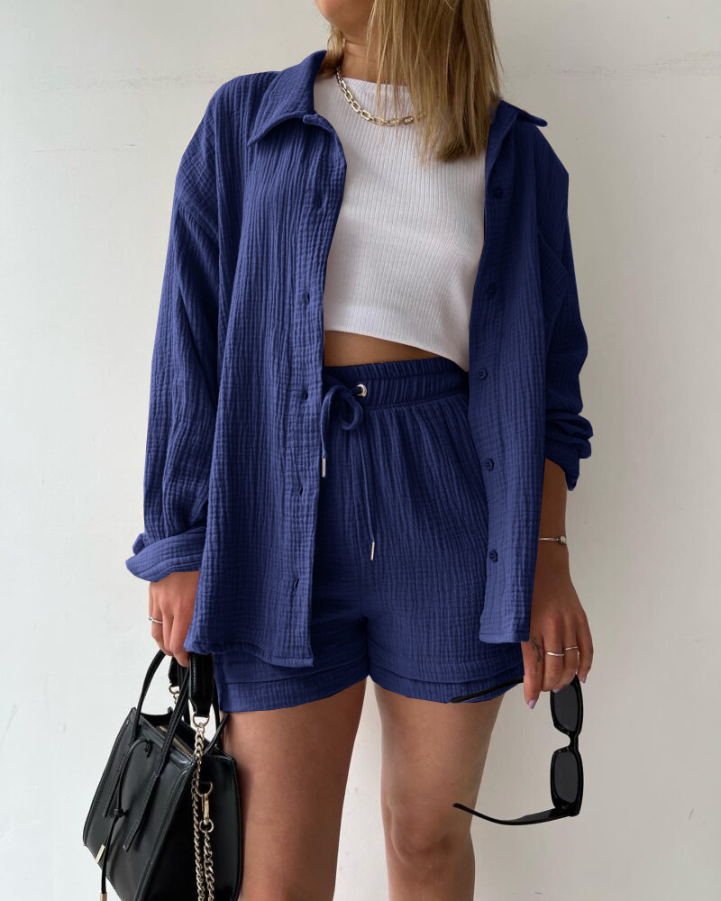 2023  European and American Women's Wrinkled Lapel Long Sleeve Shirt High Waist Drawstring Shorts Fashion Casual Two-Piece Set_voghion.com