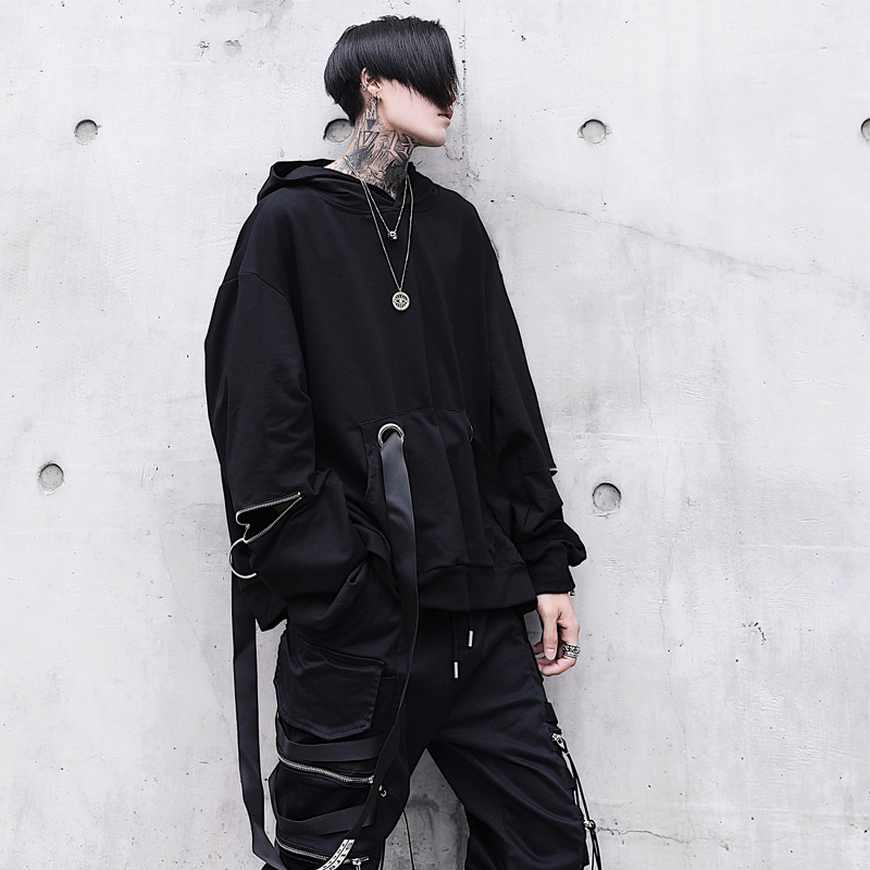 Spring Fashion Dark Black Ribbon Zipper Decoration Men's Hooded Sweatshirt Harajuku Style Loose Jacket