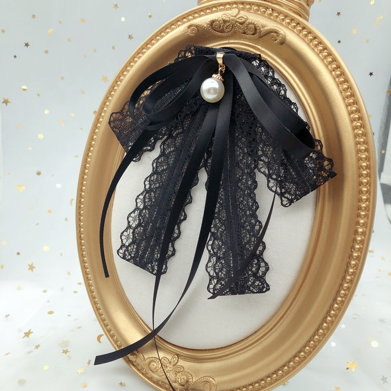 Women's Cute Lace New Clothing Accessories Black Lace Tie Pearl Tie Bow Pin Brooch