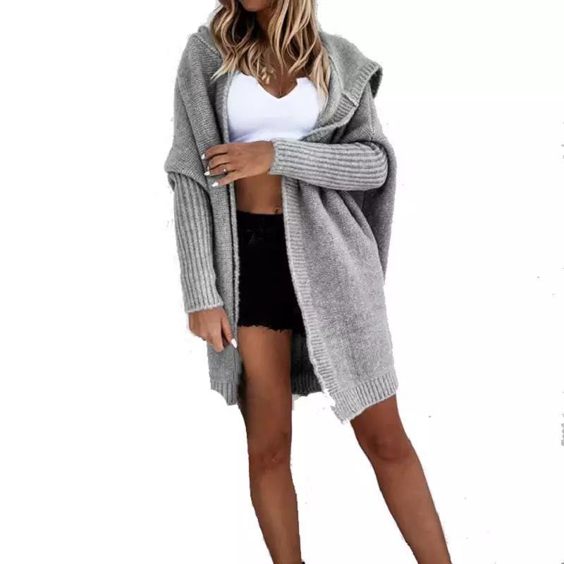 Neuer einfarbiger Freizeitpullover für Damen im Herbst und Winter mit lockerer Strickjacke mit Kapuze, mittellange Jacke_voghion.com
