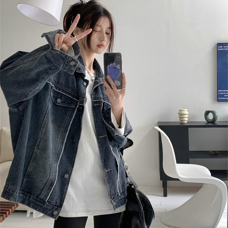 2025 Spring and Autumn New Korean Style Street Style Retro Washed Denim Coat Women's Rust Distressed Denim Loose Trendy