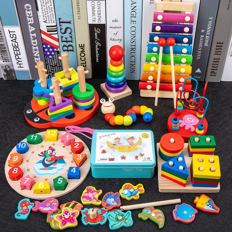 Cross-border children's eight-tone piano playing small beads rainbow tower four sets of column jigsaw puzzle twisted worm wooden small toys wholesale