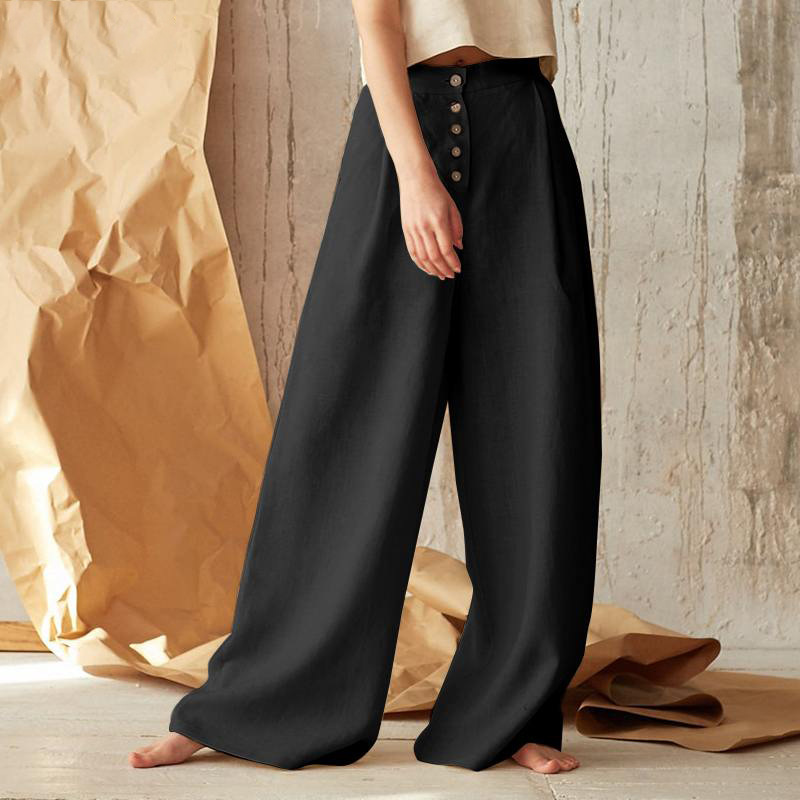 2023 Ma Xun eBay women's solid color high waist casual button cotton linen wide leg pants