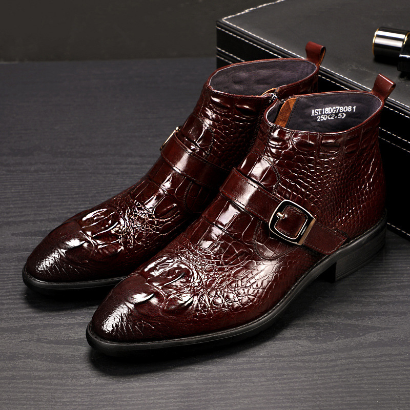 2023 boots men's high-top leather shoes crocodile leather boots zipper martin boots cowhide leather pointed toe European and American men's boots
