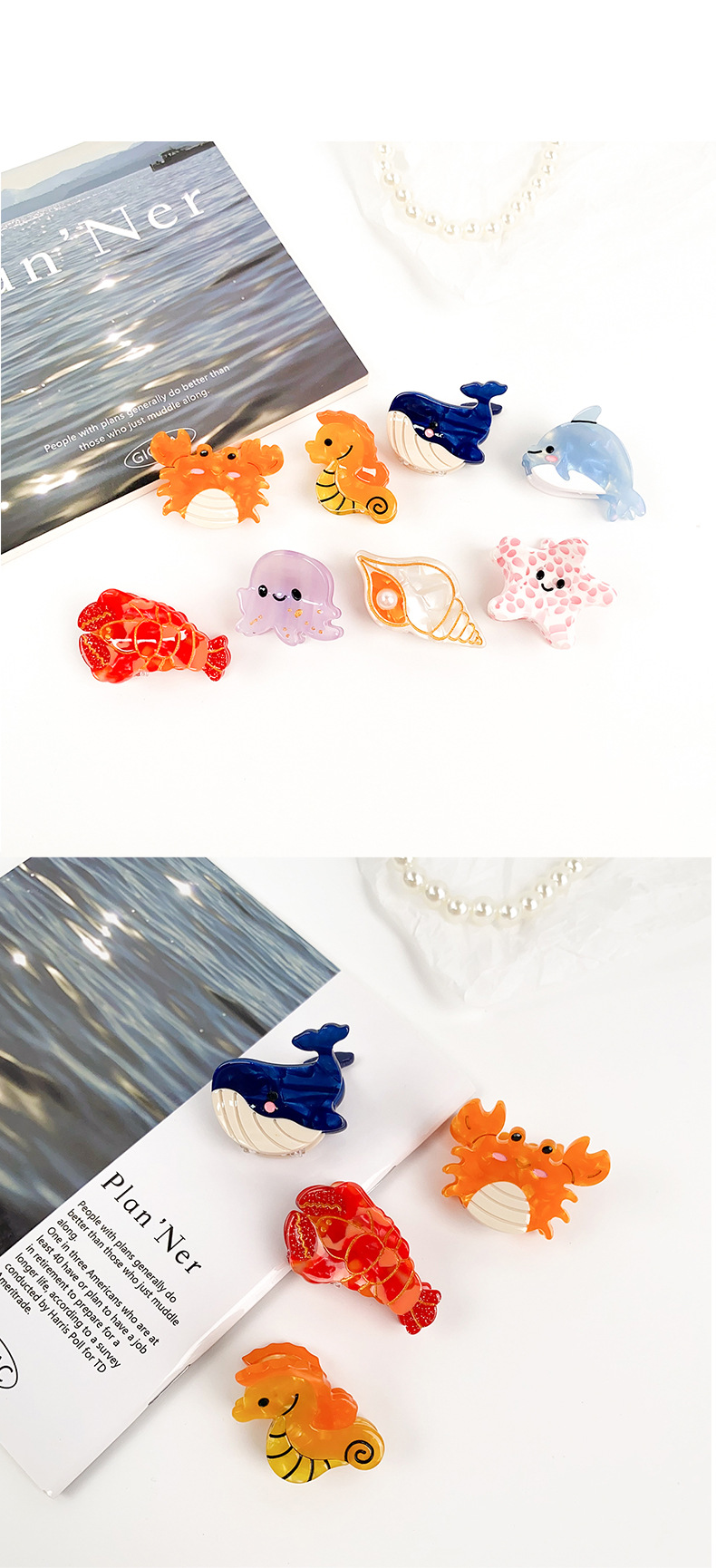 Pince à cheveux en forme de conque, petite et exquise, mignonne, marine, petite taille, acide acétique, dessin animé, dauphin, étoile de mer, pince à cheveux, frange latérale, pour femmes_voghion.com