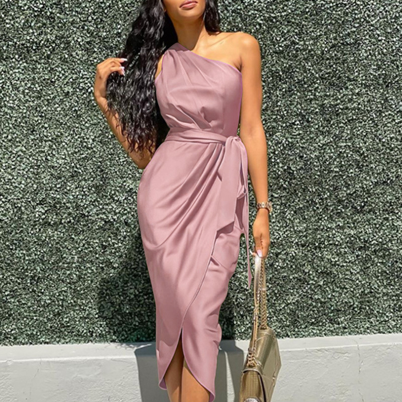 2021wish European and American style Amazon women's dress New irregular shoulder belt slim satin dress