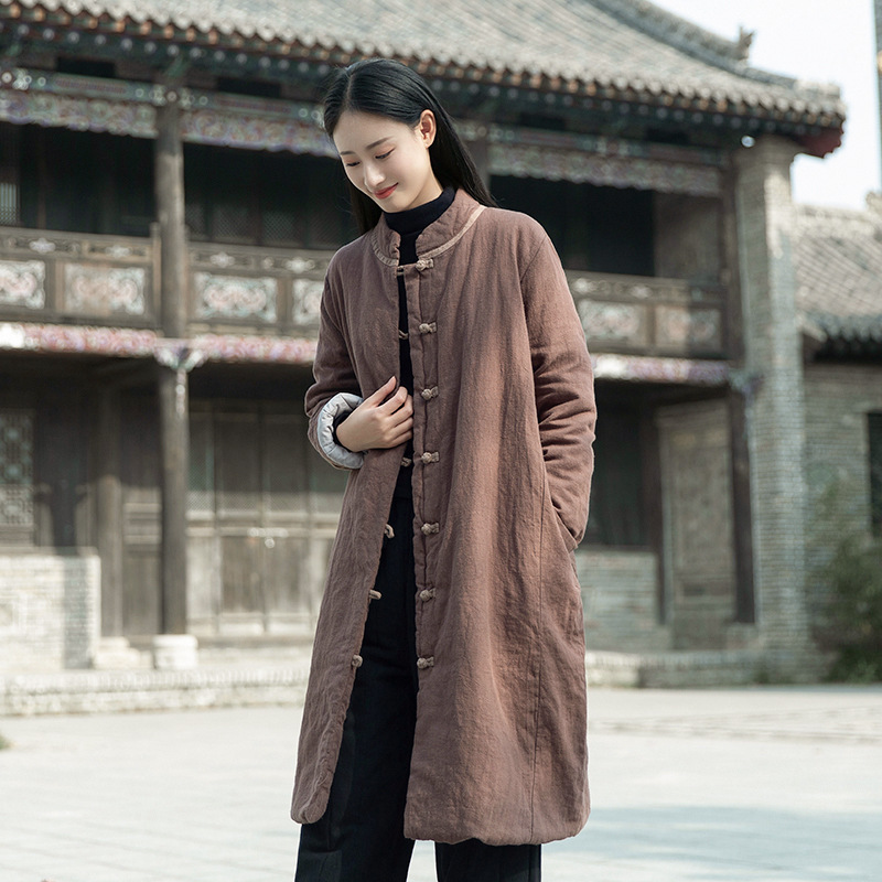 2023 Winter Neue Vintage Chinesischen Stil Vertikale Kragen Chinesischen Stil Kontrast Farbe Platte Schnalle Mittellange Baumwolle gefütterte Jacke Leinen Lose Baumwolle-pad_voghion.com