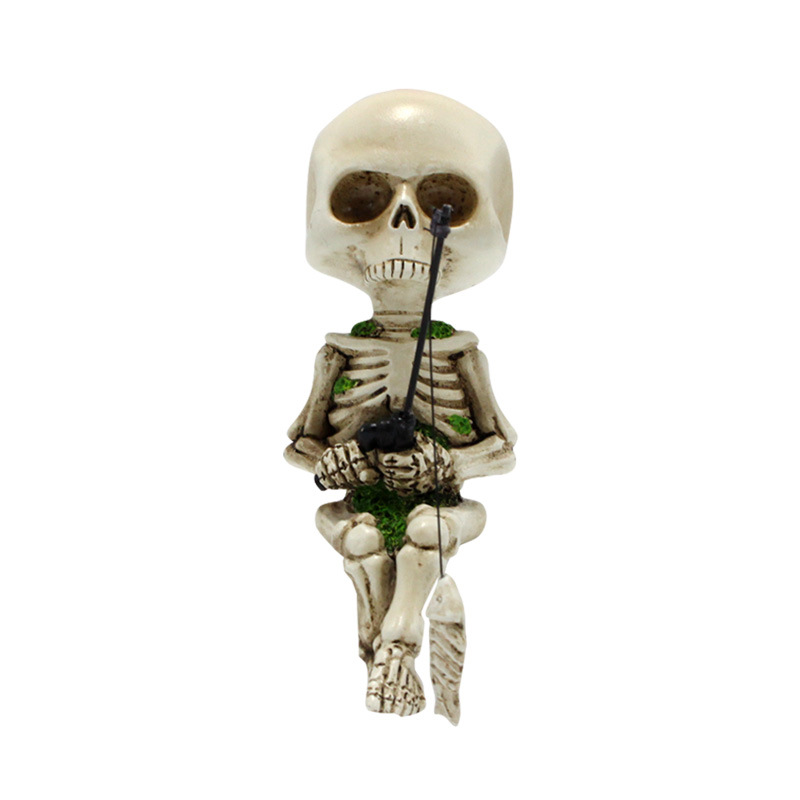 Cross-border Halloween Fishing Skeleton Resin Sitting Posture Ghost Head Horror Atmosphere Ghost Festival Home Furnishing Indoor and Outdoor Ornaments in stock