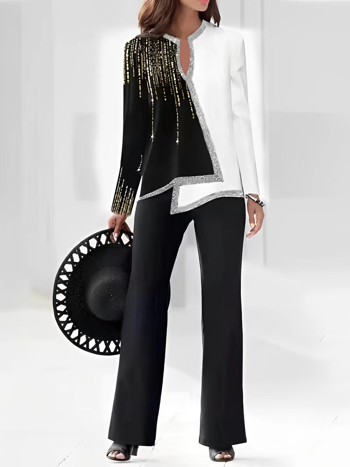 2023 Summer European and American Amazon 3D Digital Printing Women's V-Neck Asymmetric Fashion Casual Shirt Pants Set