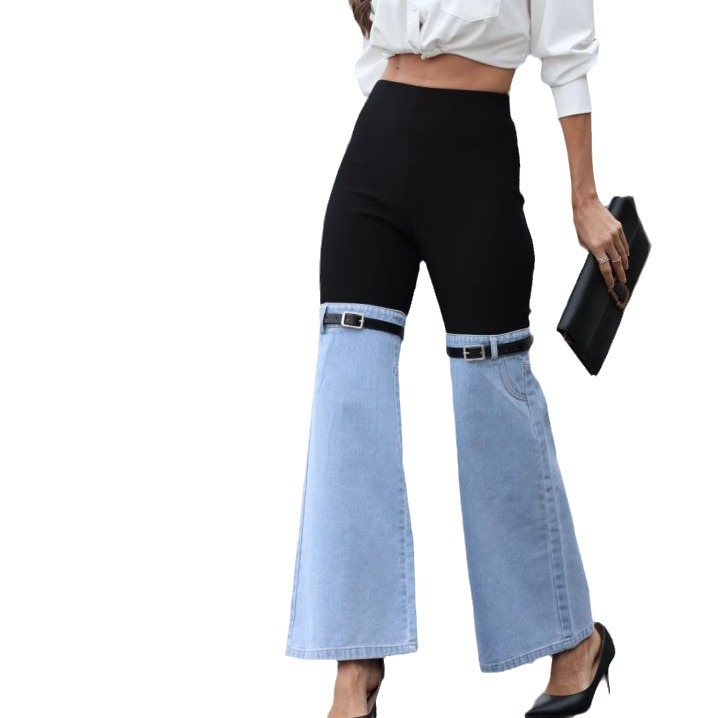 Cross-border Amazon Fashion slim knit Denim stitching elastic waist wide leg casual pants temperament commuter large size
