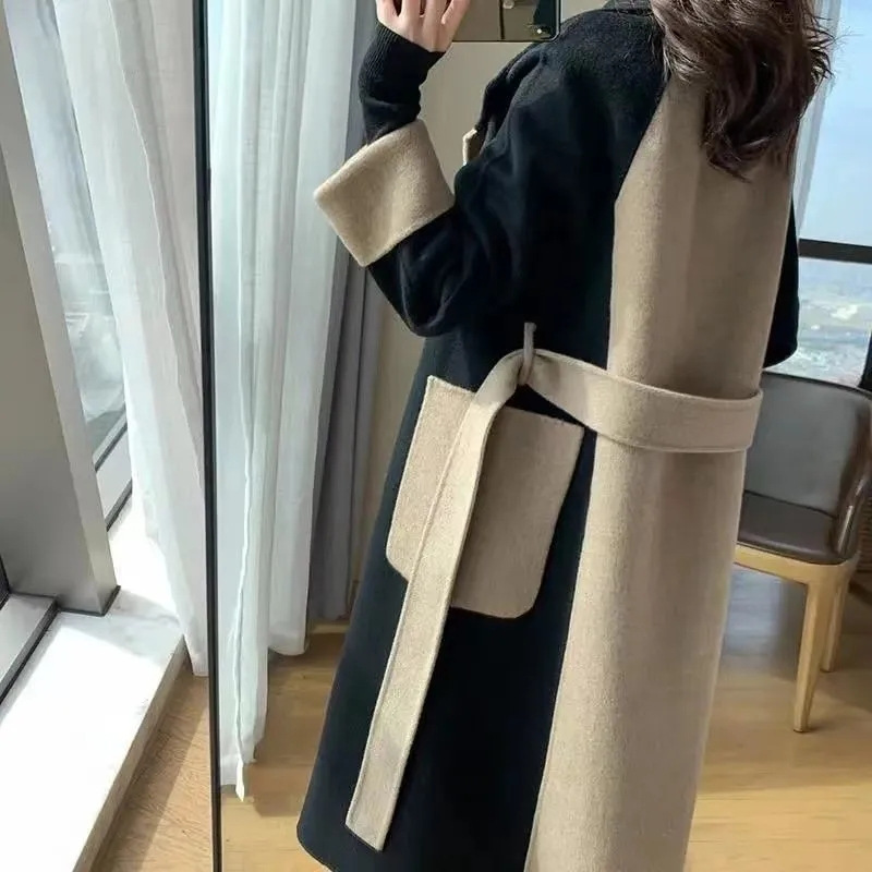 Winter new double-sided velvet wool color matching elegant Hepburn style slimming woolen coat women's long belt coat