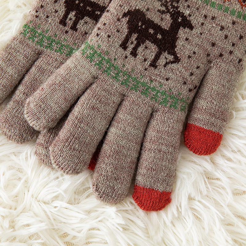 针织触屏手套女士冬季保暖加厚加绒户外骑行提花可爱麋鹿韩版手套