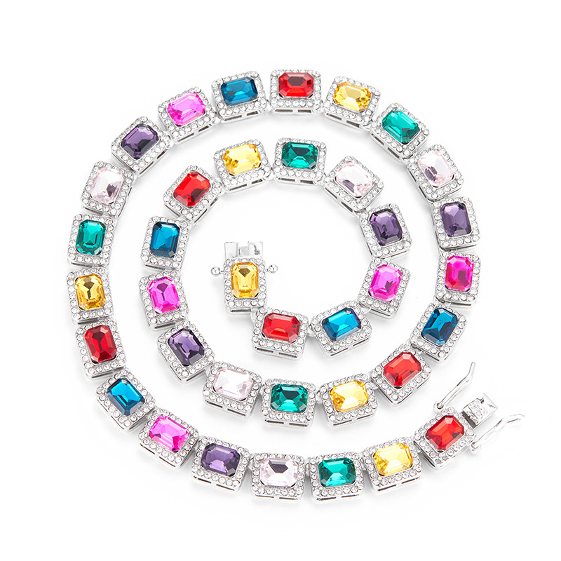 European and American men's 10mm color zircon Cuban chain hiphop rap jewelry personality hip hop wind necklace wholesale