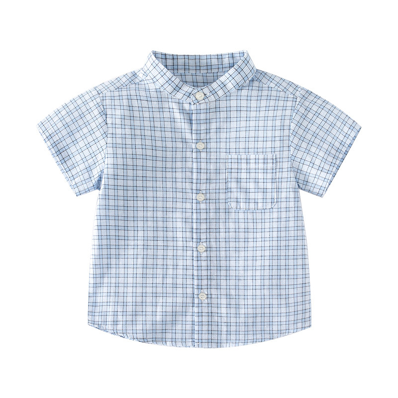 Summer soft and comfortable moisture wicking Plaid stand collar short sleeve fashion outdoor casual style medium and small boys' shirt