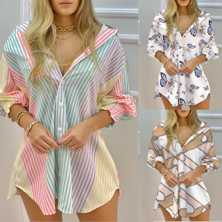 2022 Amazon wish European and American New Summer Long Sleeve V-Neck Button Striped Shirt Dress
