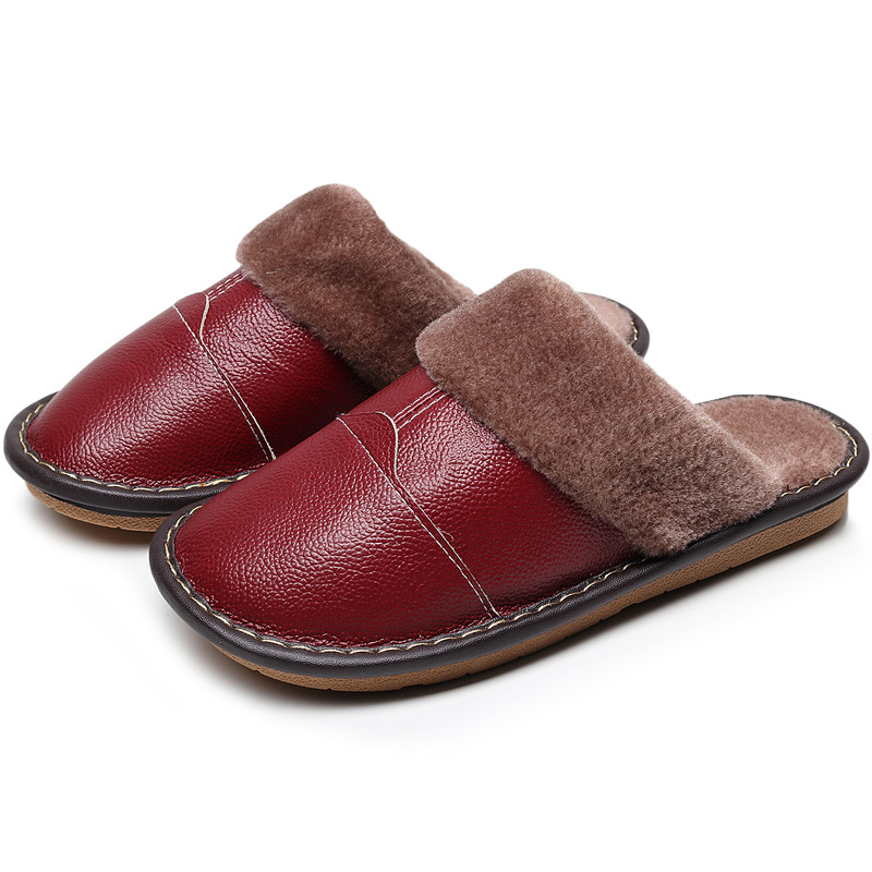 Haining cowhide slippers household wool wool wool and wool autumn winter warm home indoor couple leather cotton slippers winter