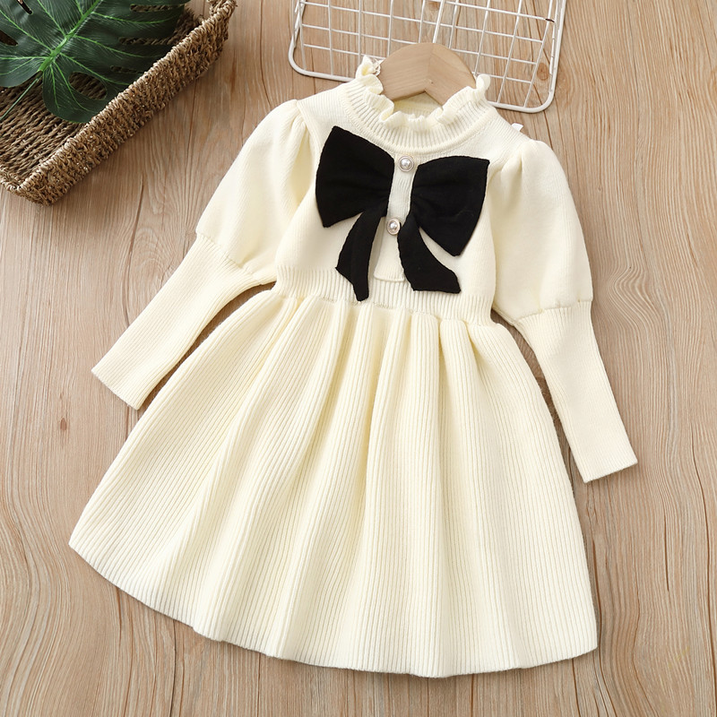 Girls' Sweater Dress Children's Knitted Dress 2022 Autumn and Winter New Arrival Bow Fashion Long Dress Baby Girl Skirt