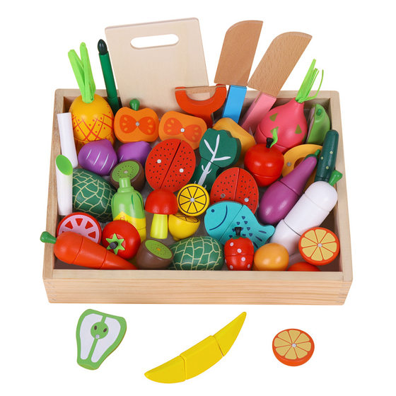 Wooden magnetic children's educational play house toy simulation fruit cutting game vegetable cutting music Wholesale